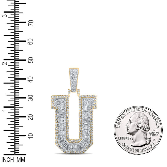 1.92 Ctw Natural Diamond Block Letter Initial Alphabet U Pendant in 10k Two-tone Gold
