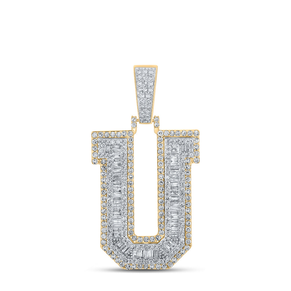 1.92 Ctw Natural Diamond Block Letter Initial Alphabet U Pendant in 10k Two-tone Gold