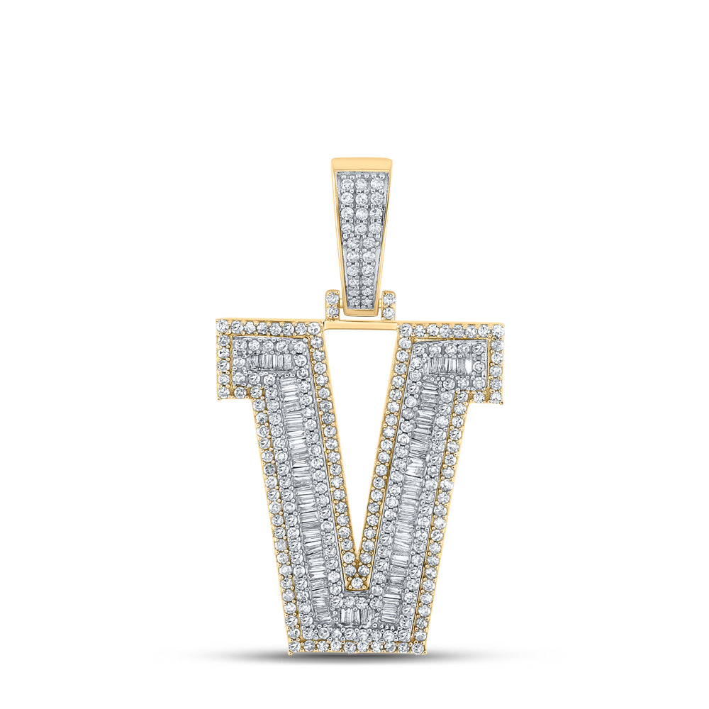 1.95 Ctw Natural Diamond Block Letter Initial Alphabet V Pendant in 10k Two-tone Gold