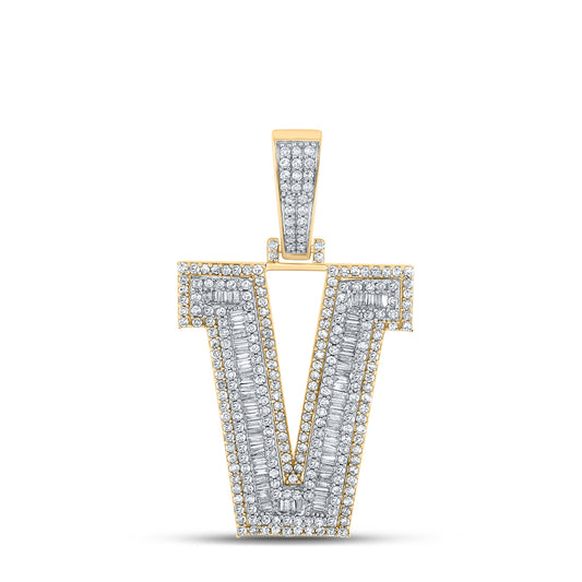 1.95 Ctw Natural Diamond Block Letter Initial Alphabet V Pendant in 10k Two-tone Gold