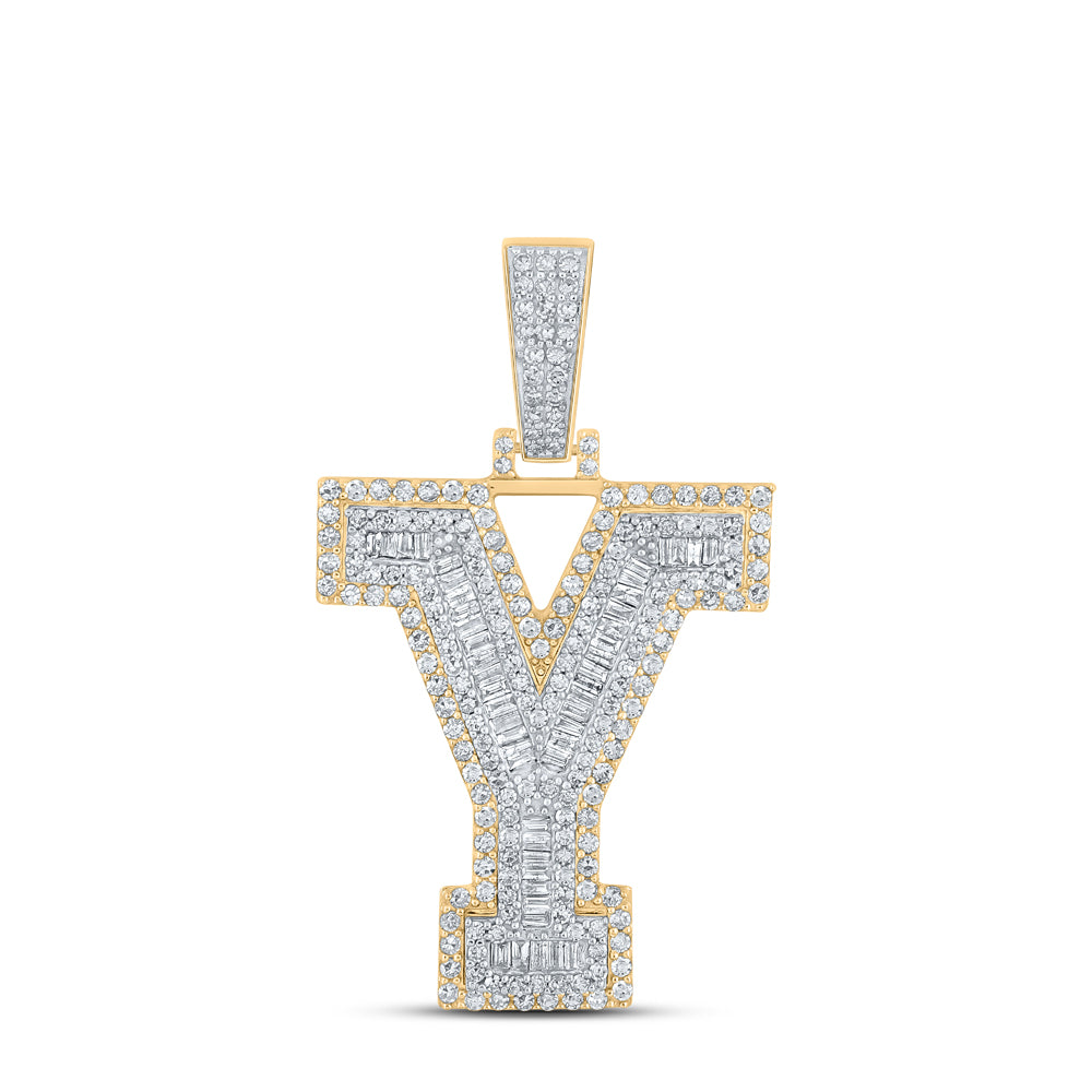 1.61 Ctw Natural Diamond Block Letter Initial Alphabet Y Pendant in 10k Two-tone Gold