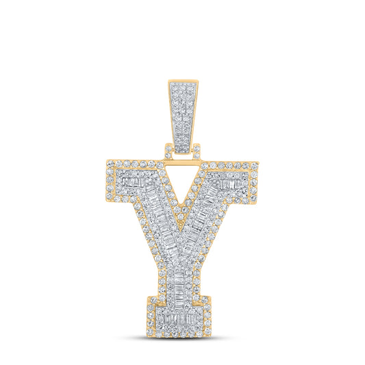 1.61 Ctw Natural Diamond Block Letter Initial Alphabet Y Pendant in 10k Two-tone Gold