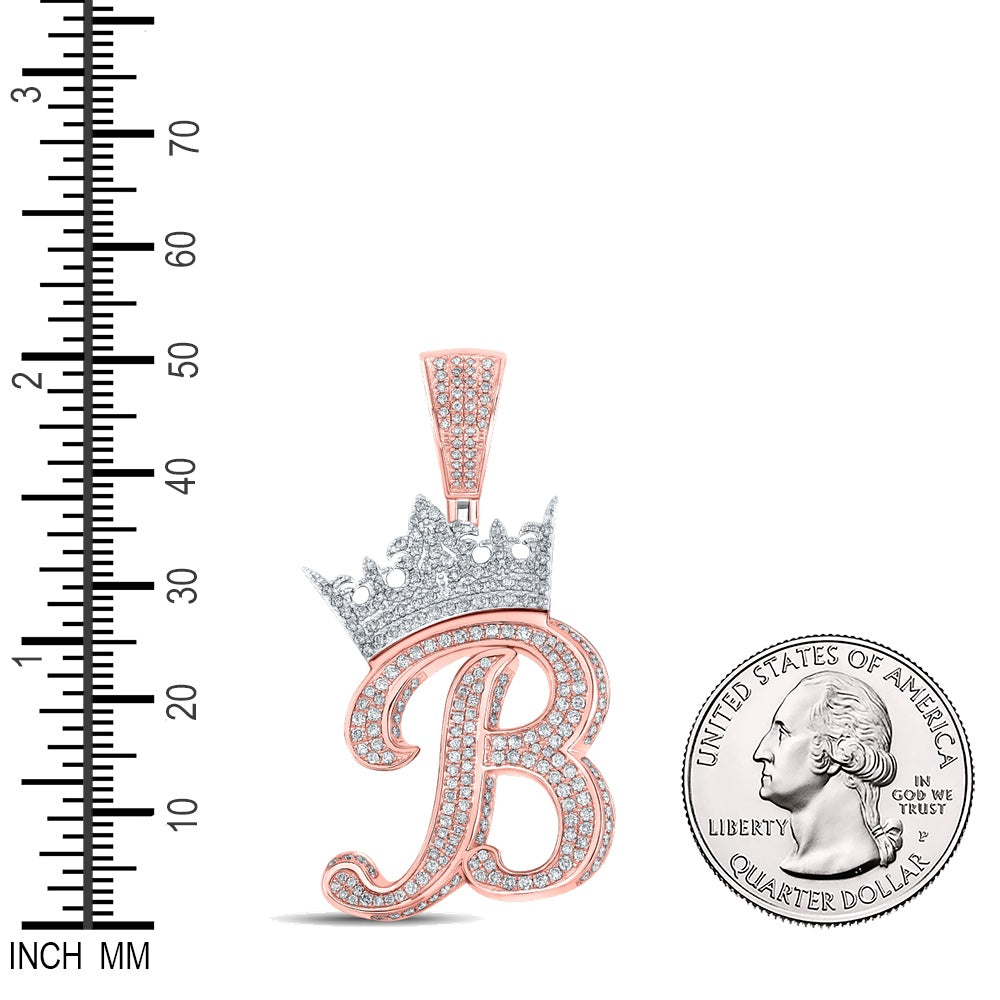 1.56 Ctw Natural Diamond Crown Initial Letter Alphabet B Pendant in 10k Two-tone Gold