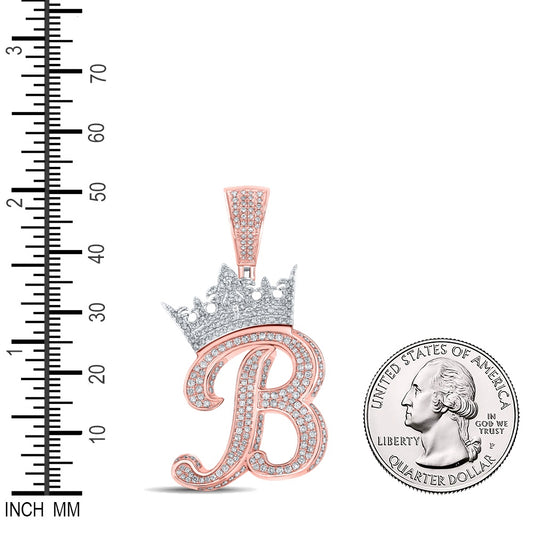1.56 Ctw Natural Diamond Crown Initial Letter Alphabet B Pendant in 10k Two-tone Gold
