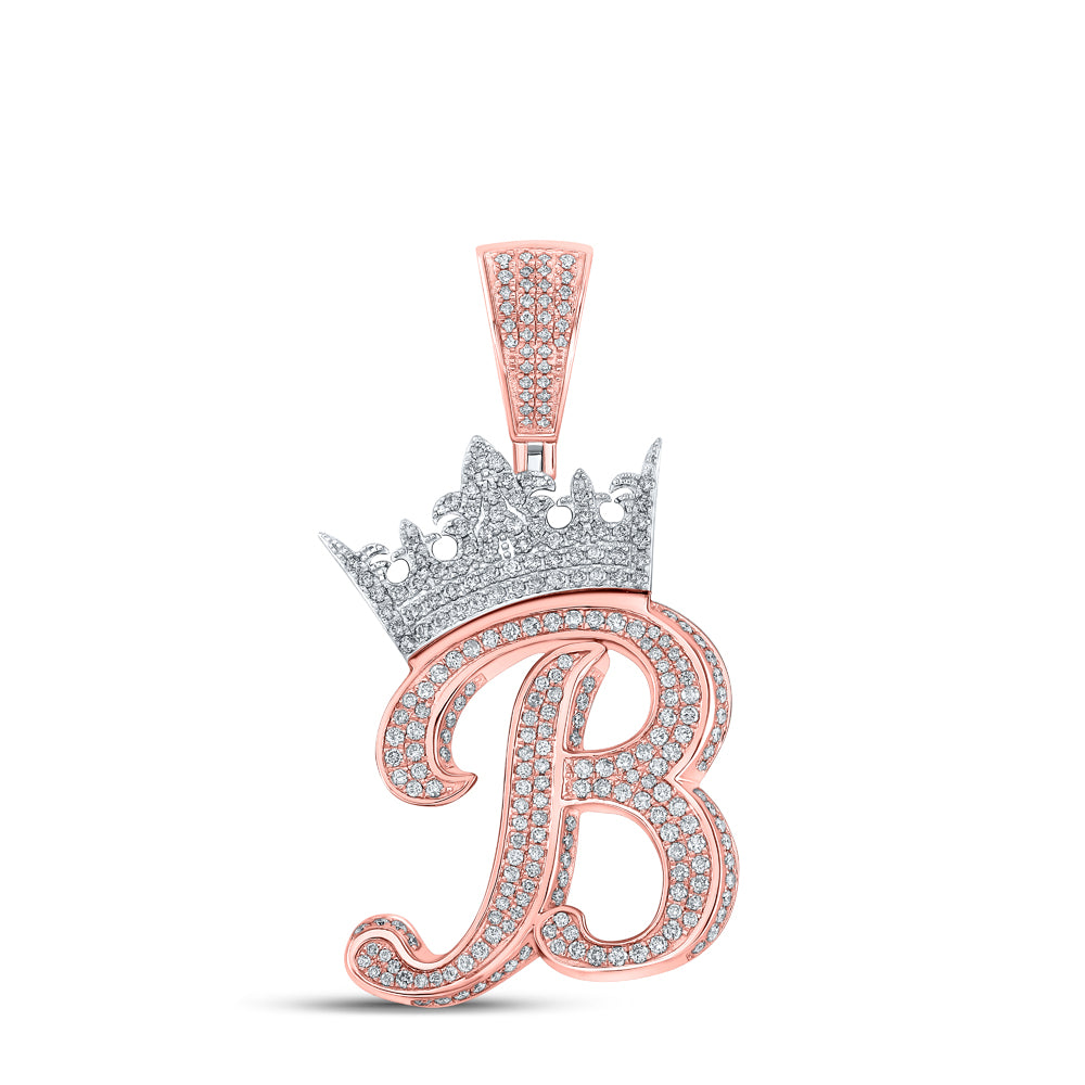 1.56 Ctw Natural Diamond Crown Initial Letter Alphabet B Pendant in 10k Two-tone Gold