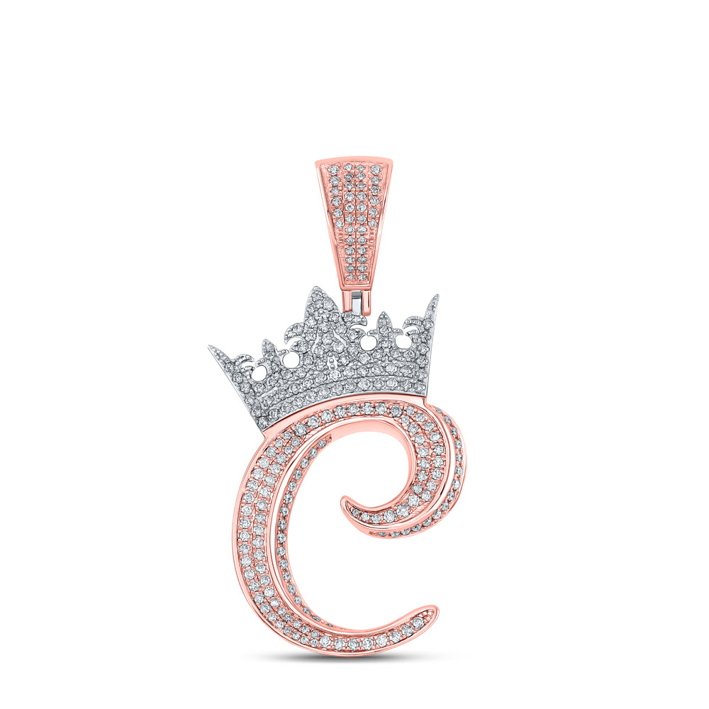 1.29 Ctw Natural Diamond Crown Initial Letter Alphabet C Pendant in 10k Two-tone Gold