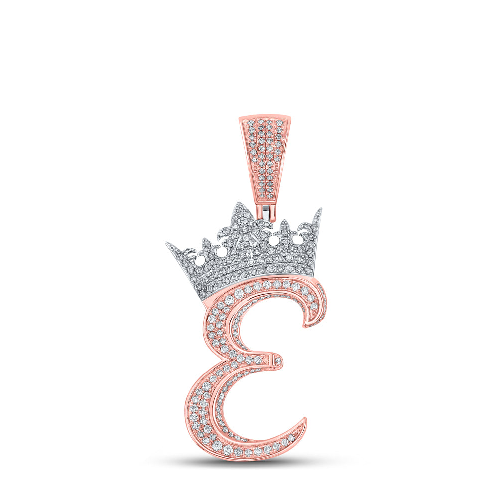 1.18 Ctw Natural Diamond Crown Initial Letter Alphabet E Pendant in 10k Two-tone Gold