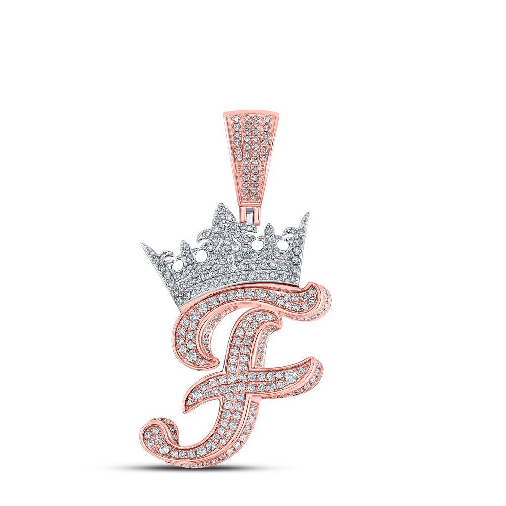 1.44 Ctw Natural Diamond Crown Initial Letter Alphabet F Pendant in 10k Two-tone Gold