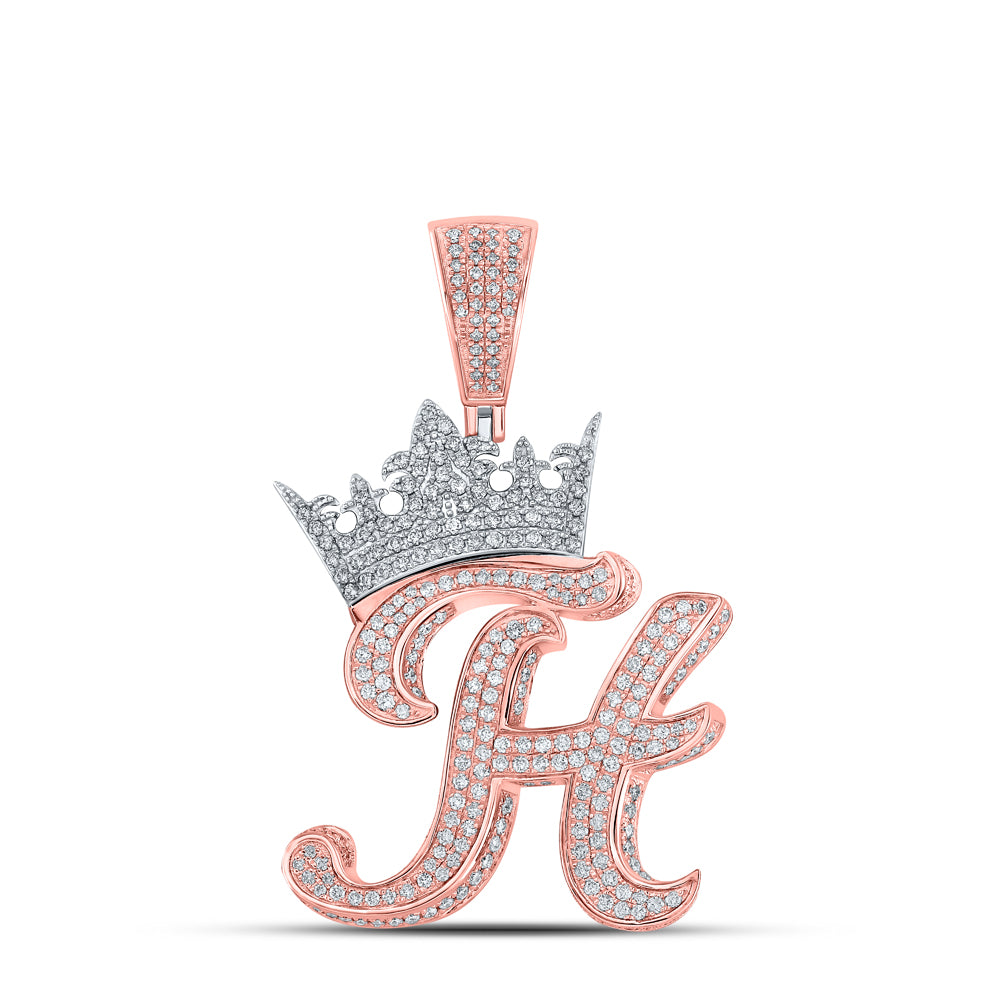 1.91 Ctw Natural Diamond Crown Initial Letter Alphabet H Pendant in 10k Two-tone Gold