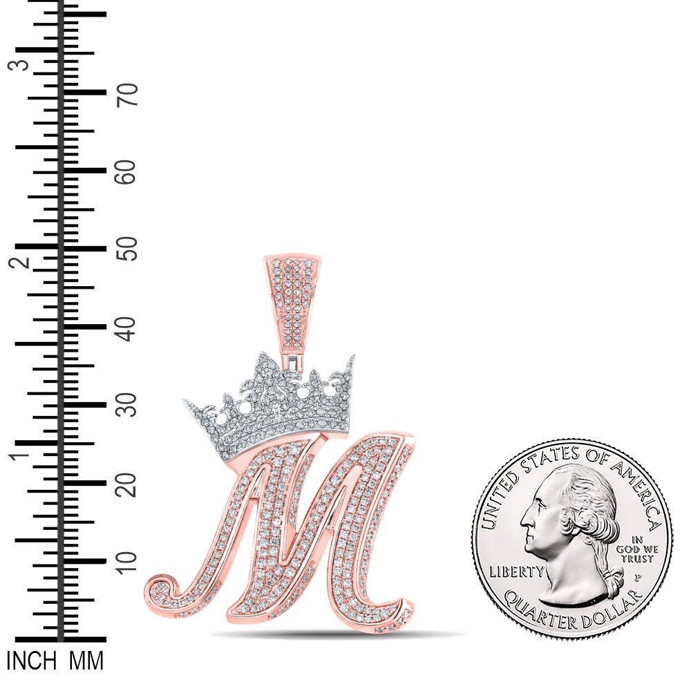1.75 Ctw Natural Diamond Crown Initial Letter Alphabet M Pendant in 10k Two-tone Gold