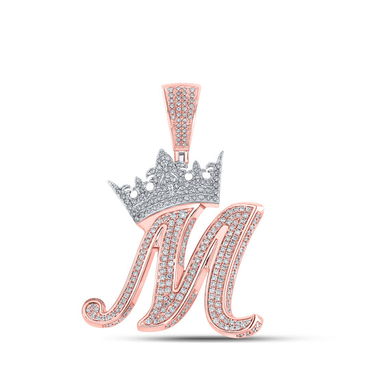 1.75 Ctw Natural Diamond Crown Initial Letter Alphabet M Pendant in 10k Two-tone Gold