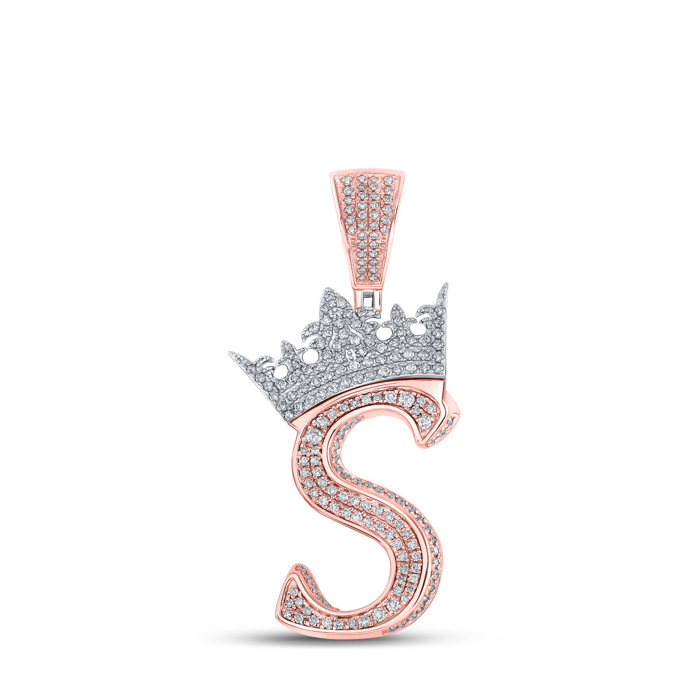 1.2 Ctw Natural Diamond Crown Initial Letter Alphabet S Pendant in 10k Two-tone Gold