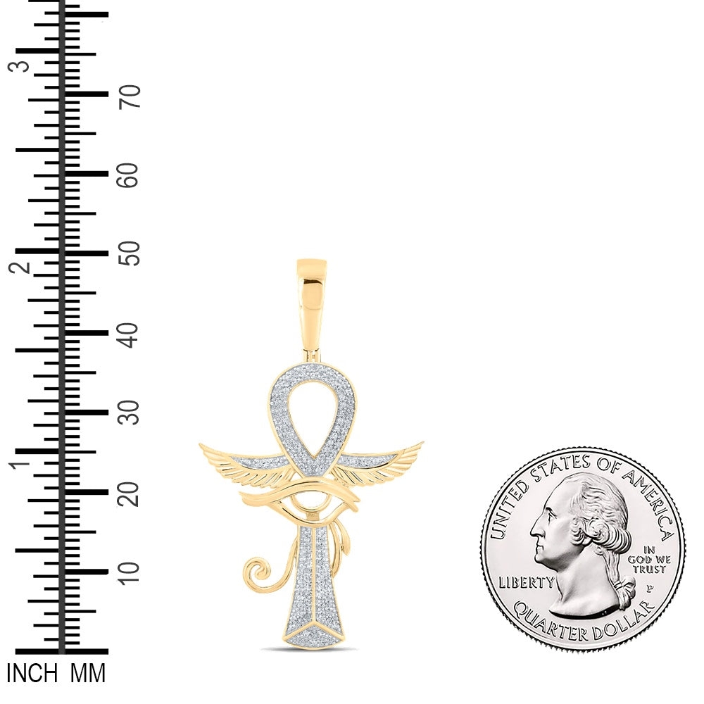0.33 Ctw Natural Diamond Ankh Evil Eye Wings Pendant in 10k Yellow Gold