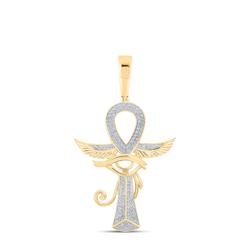 0.33 Ctw Natural Diamond Ankh Evil Eye Wings Pendant in 10k Yellow Gold