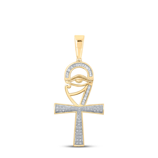 0.33 Ctw Natural Diamond Evil Eye Ankh Epytian Pendant in 10k Yellow Gold