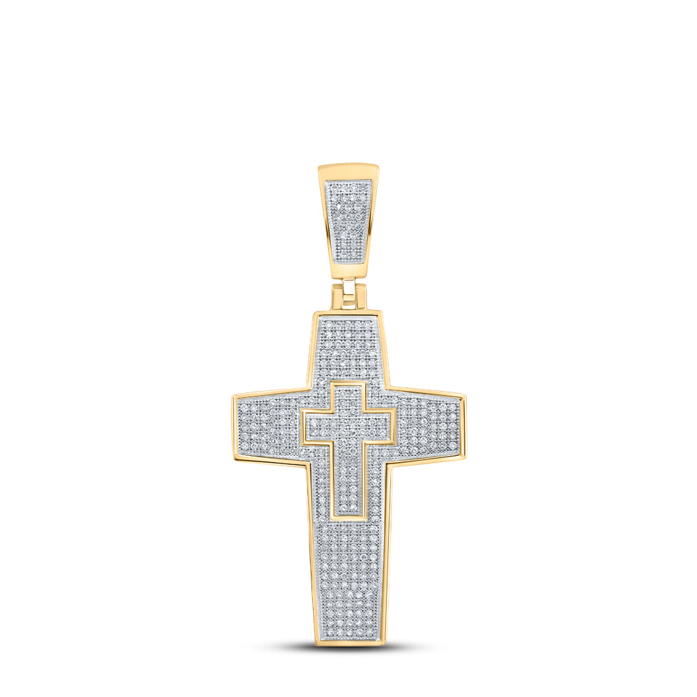 0.75 Ctw Natural Diamond Hiphop Cross Religious Pendant in 10k Yellow Gold