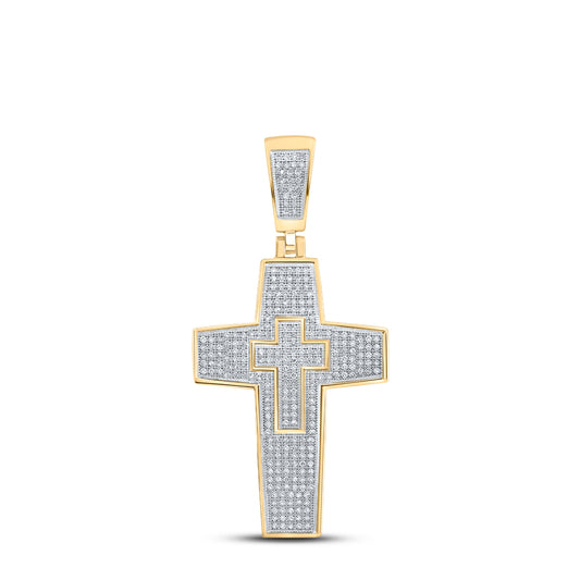 0.75 Ctw Natural Diamond Hiphop Cross Religious Pendant in 10k Yellow Gold