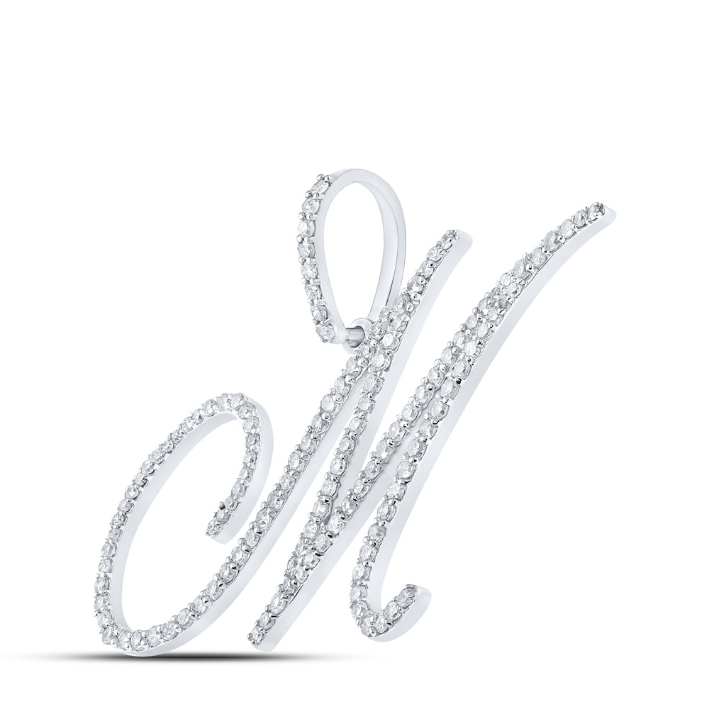 0.84 Ctw Natural Diamond Cursive Initial Letter M Pendant in 10k White Gold