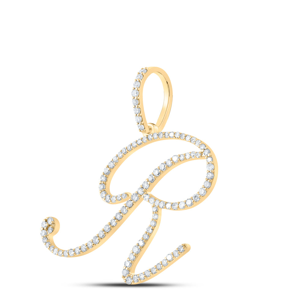 0.61 Ctw Natural Diamond Cursive Initial Letter R Pendant in 10k Yellow Gold