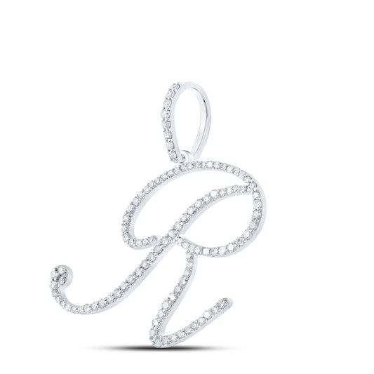 0.6 Ctw Natural Diamond Cursive Initial Letter R Pendant in 10k White Gold