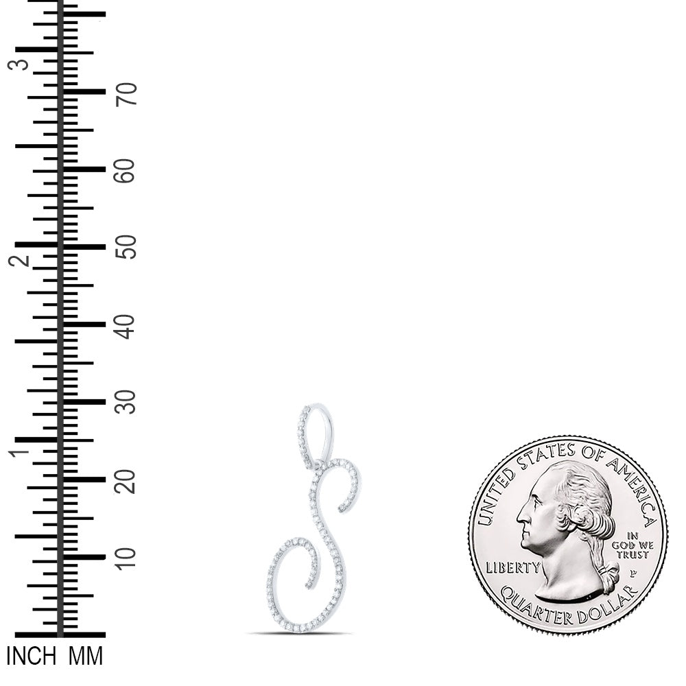 0.43 Ctw Natural Diamond Cursive Initial Letter S Pendant in 10k White Gold