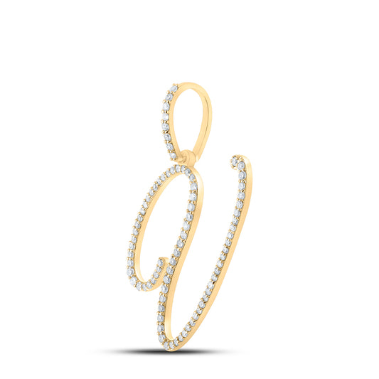 0.47 Ctw Natural Diamond Cursive Initial Letter V Pendant in 10k Yellow Gold