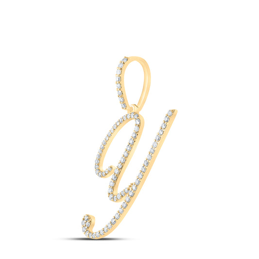 0.47 Ctw Natural Diamond Cursive Initial Letter Y Pendant in 10k Yellow Gold