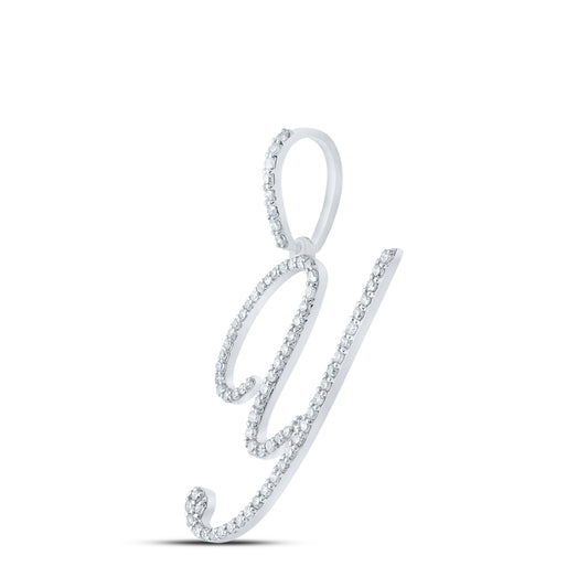 0.47 Ctw Natural Diamond Cursive Initial Letter Y Pendant in 10k White Gold