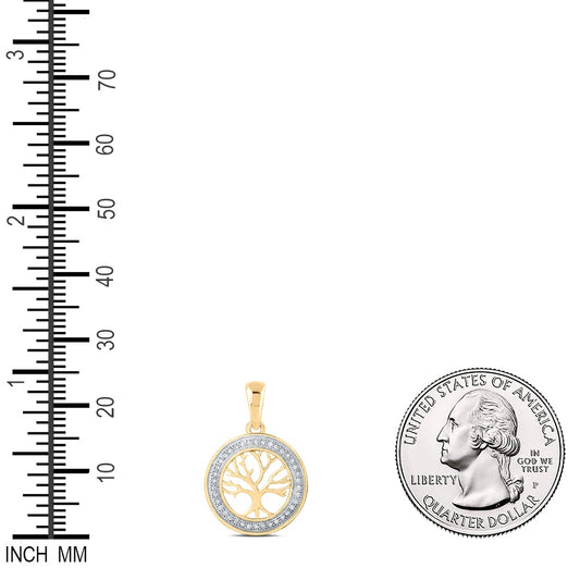 0.1 Ctw Natural Diamond Circular Border Tree Of Life Pendant in 10k Yellow Gold