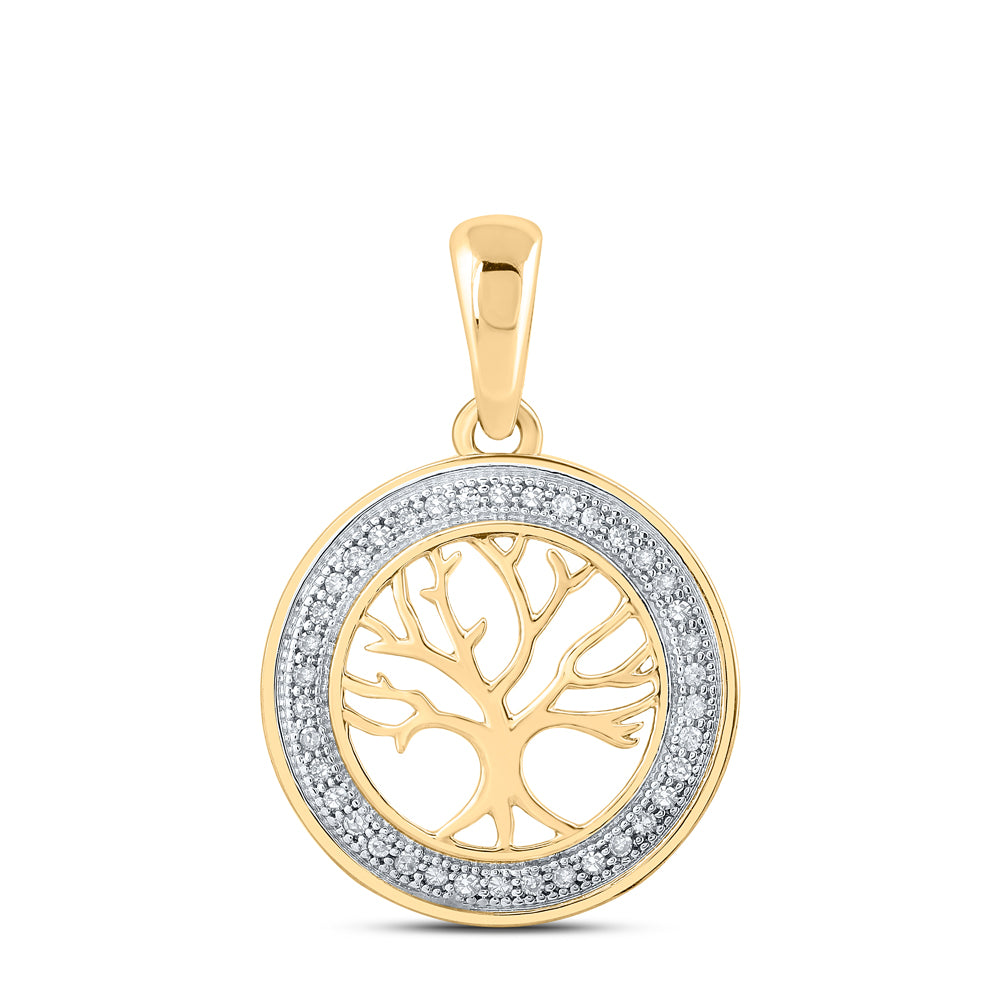0.1 Ctw Natural Diamond Circular Border Tree Of Life Pendant in 10k Yellow Gold