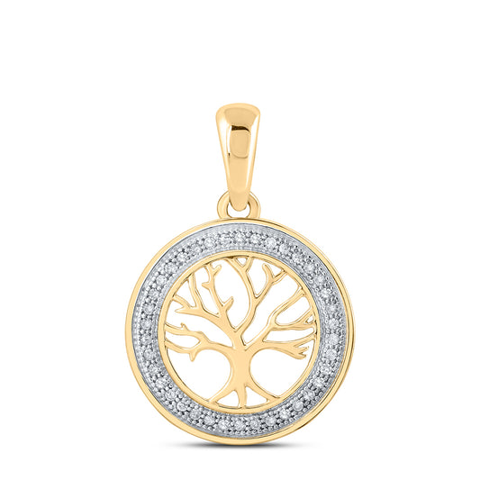 0.1 Ctw Natural Diamond Circular Border Tree Of Life Pendant in 10k Yellow Gold