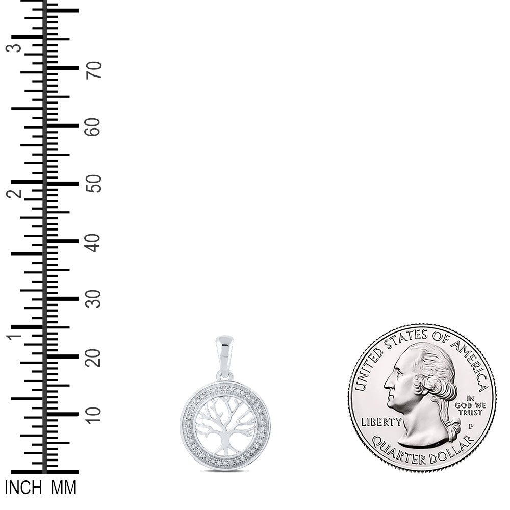 0.1 Ctw Natural Diamond Circular Border Tree Of Life Pendant in 10k White Gold
