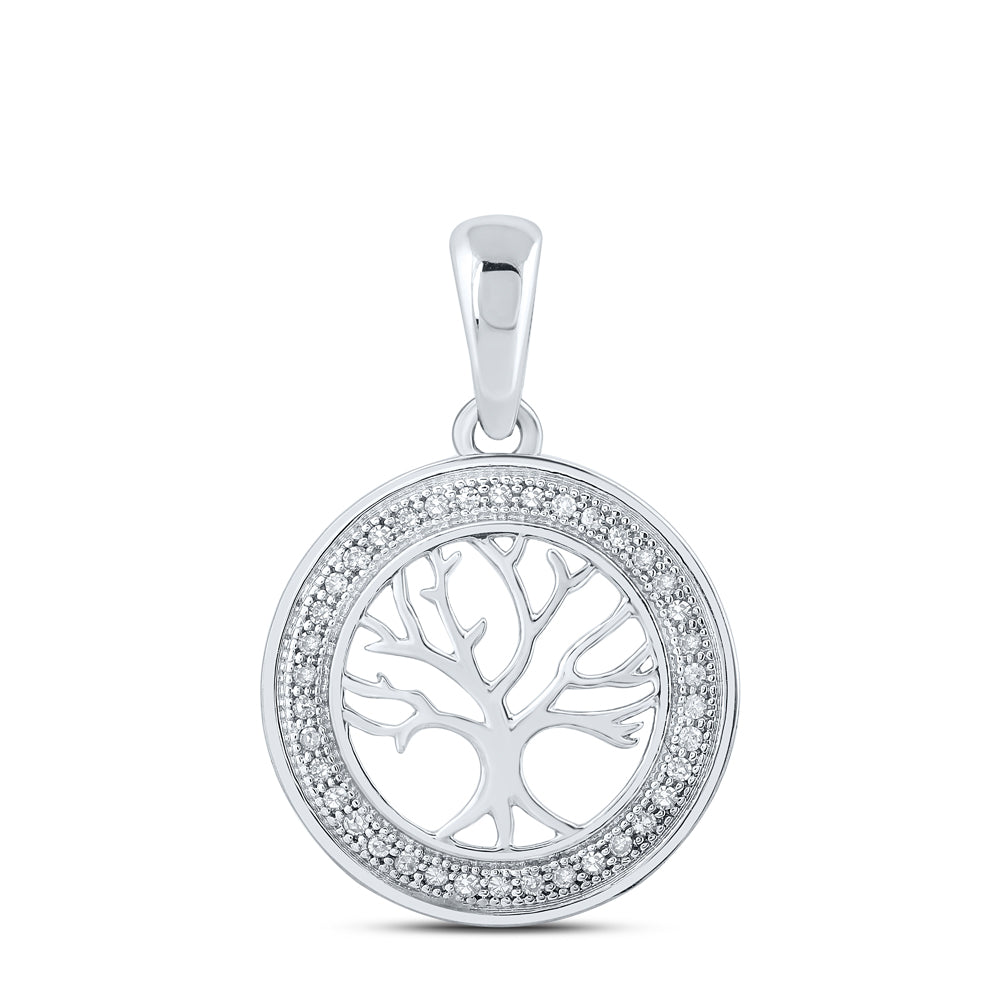0.1 Ctw Natural Diamond Circular Border Tree Of Life Pendant in 10k White Gold