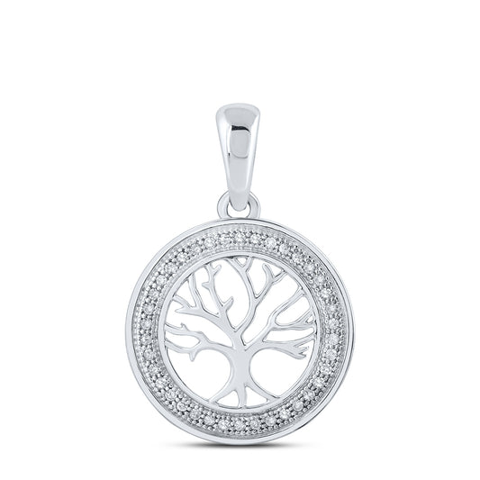 0.1 Ctw Natural Diamond Circular Border Tree Of Life Pendant in 10k White Gold