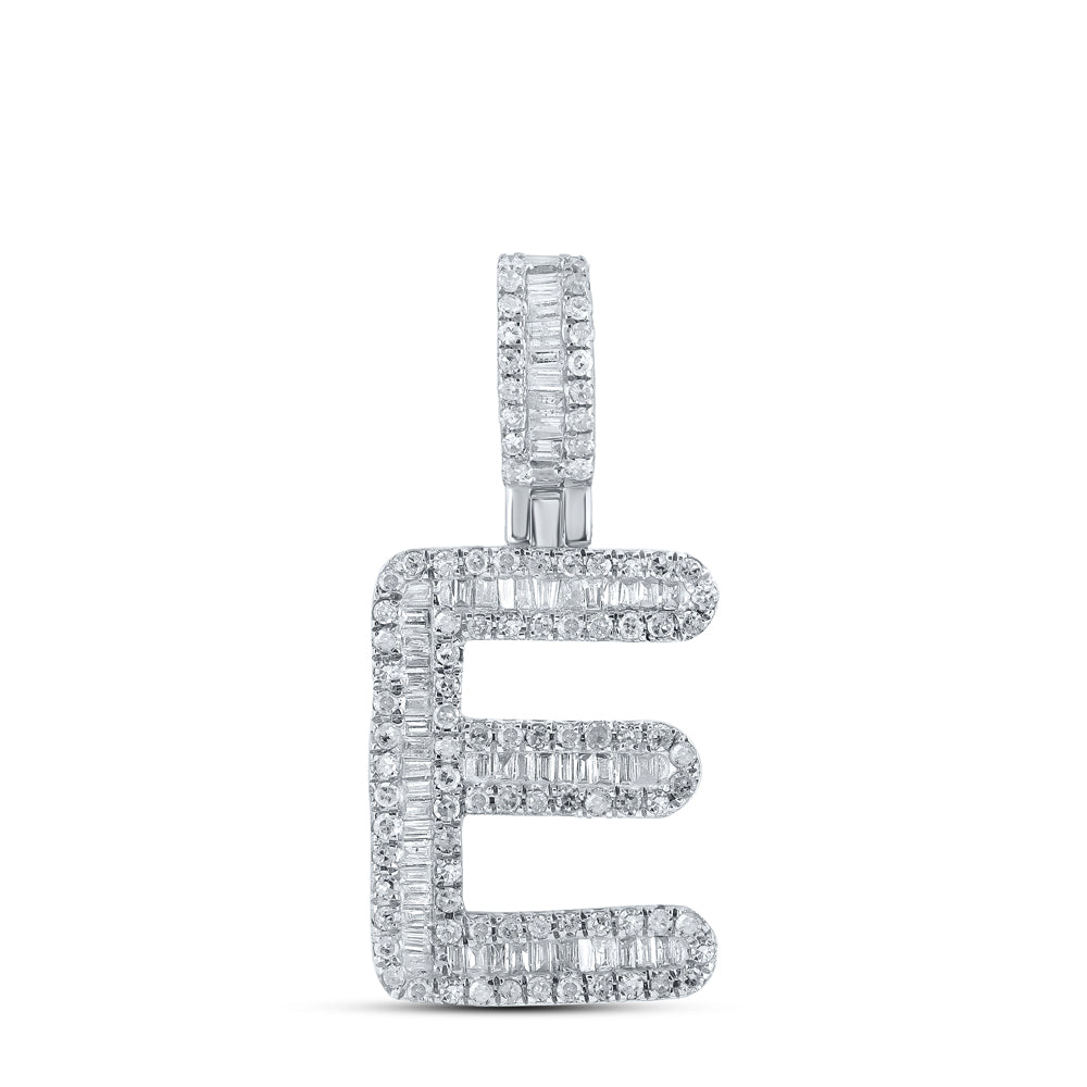 0.5 Ctw Natural Diamond Baguette Initial letter E Pendant in 10k White Gold
