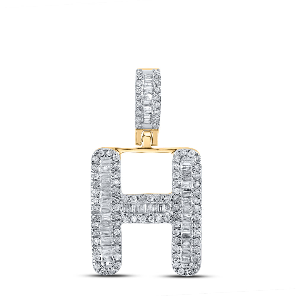0.46 Ctw Natural Diamond Baguette Initial letter H Pendant in 10k Yellow Gold
