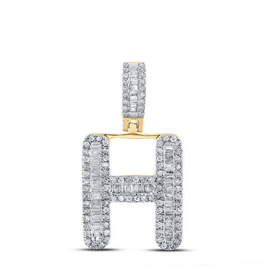 0.46 Ctw Natural Diamond Baguette Initial letter H Pendant in 10k Yellow Gold