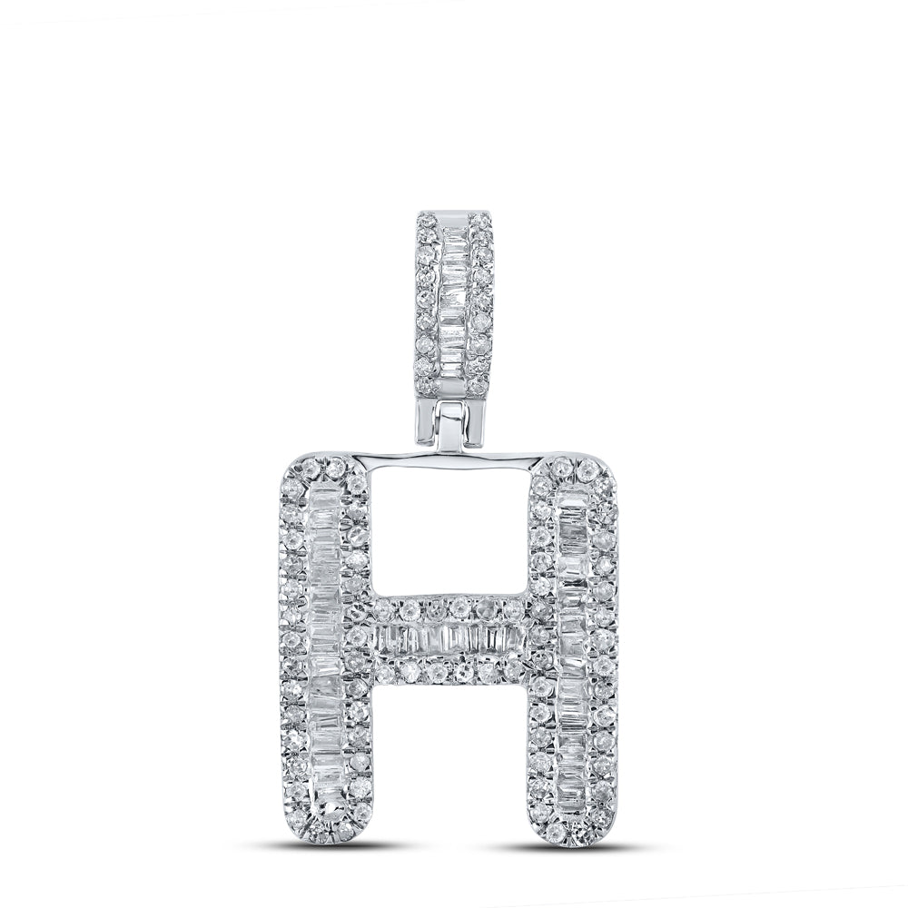 0.46 Ctw Natural Diamond Baguette Initial letter H Pendant in 10k White Gold