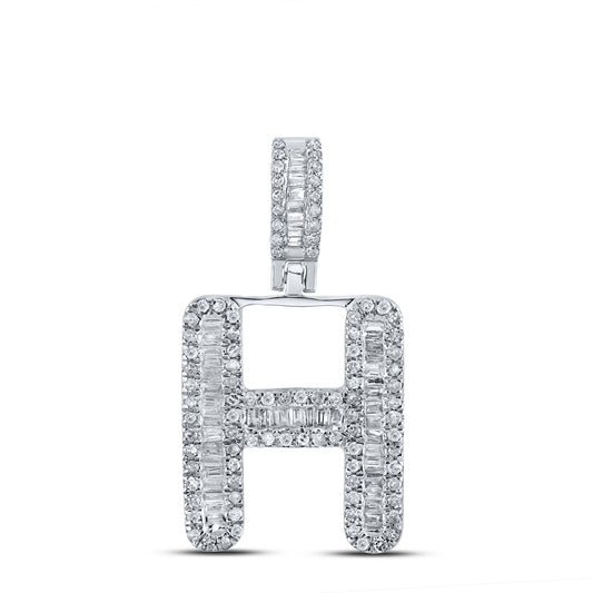 0.46 Ctw Natural Diamond Baguette Initial letter H Pendant in 10k White Gold