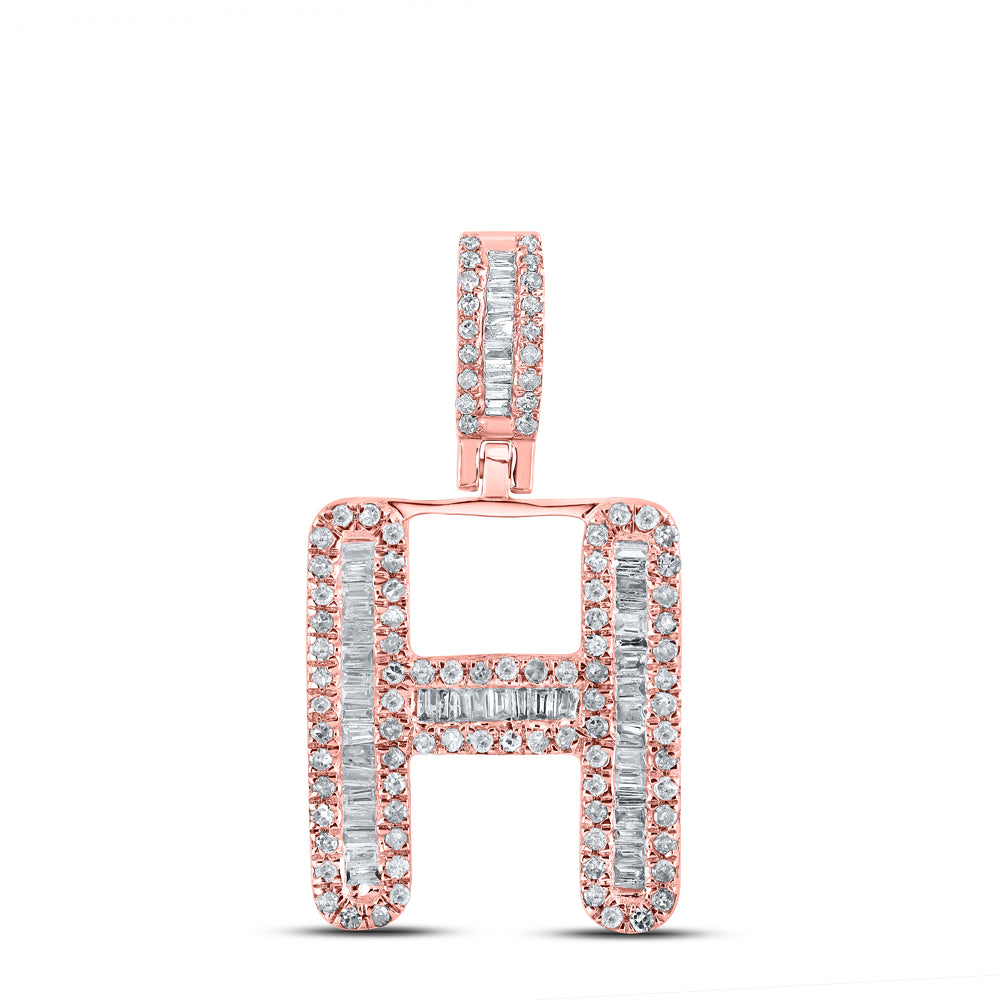 0.46 Ctw Natural Diamond Baguette Initial letter H Pendant in 10k Rose Gold