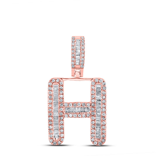 0.46 Ctw Natural Diamond Baguette Initial letter H Pendant in 10k Rose Gold