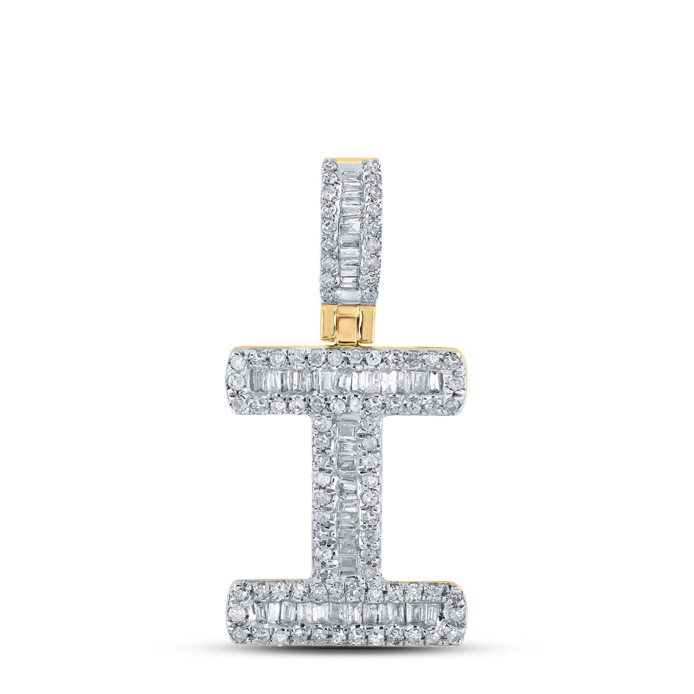 0.42 Ctw Natural Diamond Baguette Initial letter I Pendant in 10k Yellow Gold