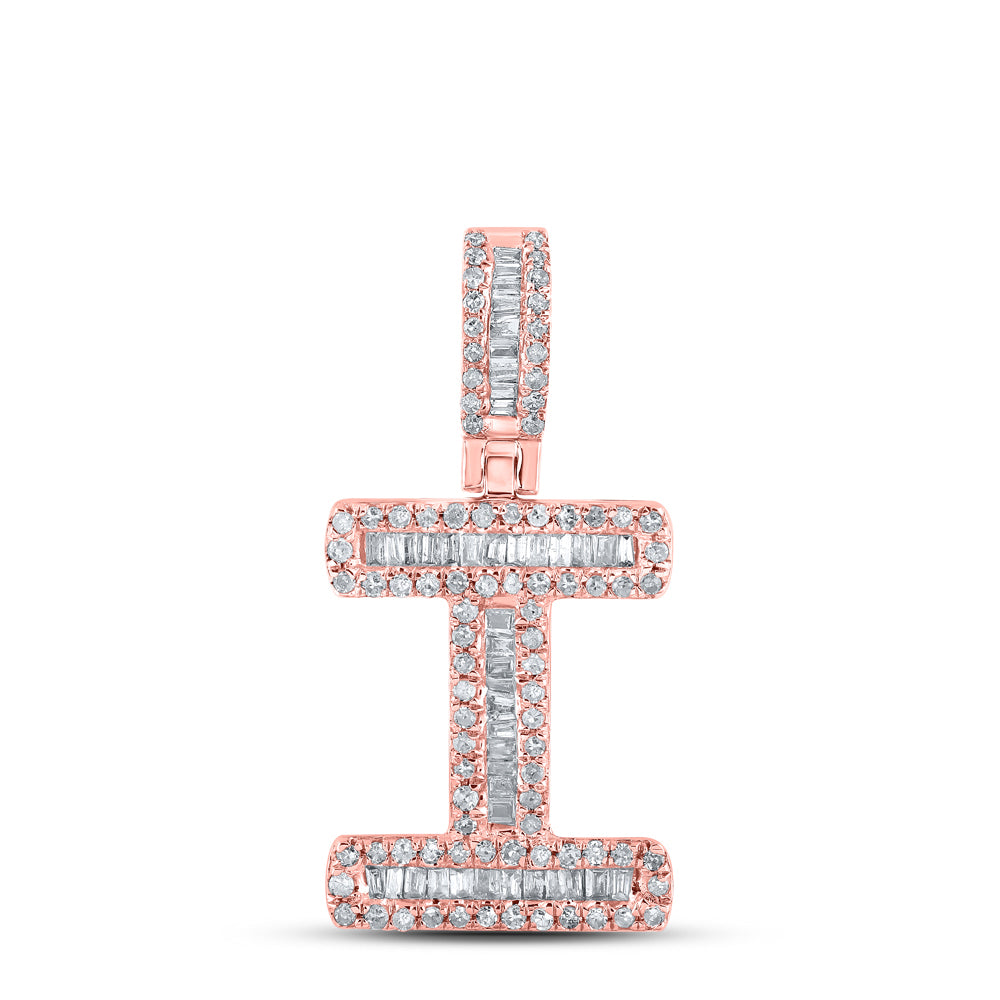 0.42 Ctw Natural Diamond Baguette Initial letter I Pendant in 10k Rose Gold