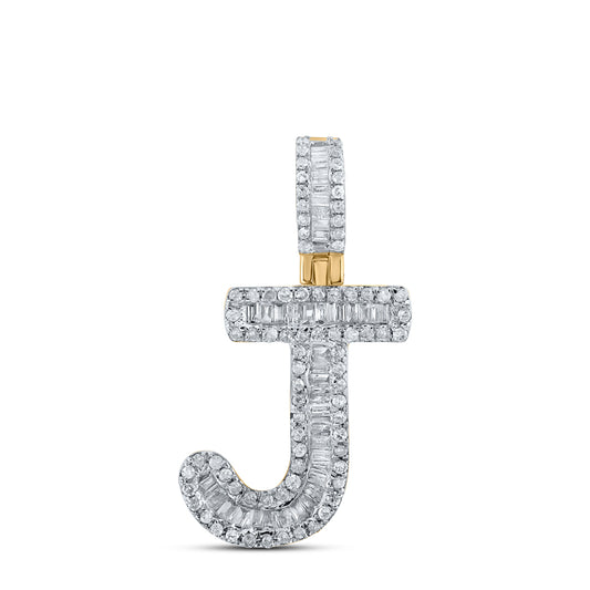 0.44 Ctw Natural Diamond Baguette Initial letter J Pendant in 10k Yellow Gold