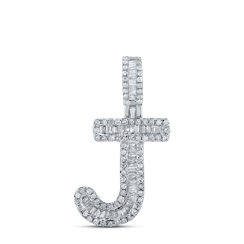 0.44 Ctw Natural Diamond Baguette Initial letter J Pendant in 10k White Gold