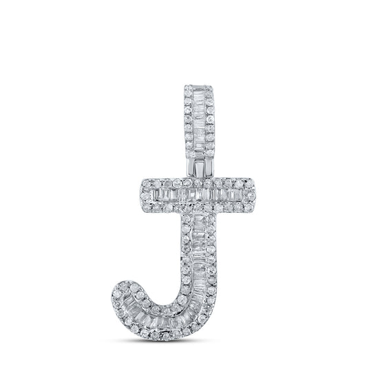 0.44 Ctw Natural Diamond Baguette Initial letter J Pendant in 10k White Gold