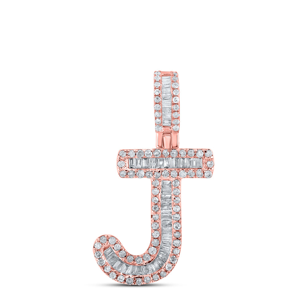 0.44 Ctw Natural Diamond Baguette Initial letter J Pendant in 10k Rose Gold