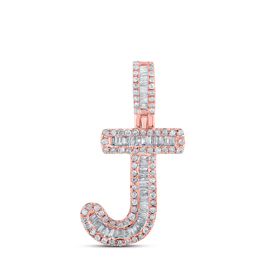 0.44 Ctw Natural Diamond Baguette Initial letter J Pendant in 10k Rose Gold