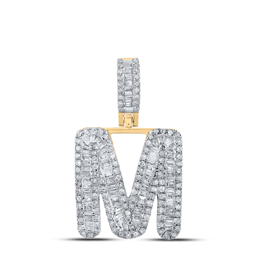 0.69 Ctw Natural Diamond Baguette Initial letter M Pendant in 10k Yellow Gold