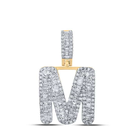 0.69 Ctw Natural Diamond Baguette Initial letter M Pendant in 10k Yellow Gold